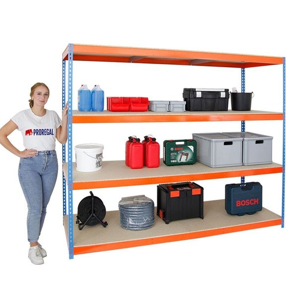 Schwerlastregal WOOD BEAST FOUR | HxBxT 200x210x45cm | 4 Ebenen | Fachlast 500kg | Blau-Orange | Weitspannregal Werkstattregal Lagerregal Kellerregal Gargenregal