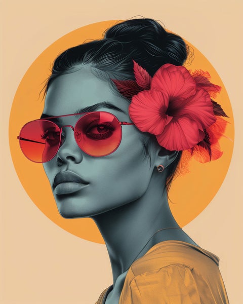 Porträt einer Frau mit Sonnenbrille und Hibiskusblüte im Haar