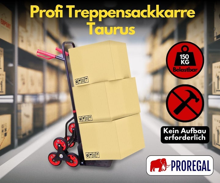 PROREGAL Klappbarer Profi-Treppensteiger TAURUS 150 HxBxT 110 x 45 x 61 cm Traglast 150 kg Stahlrahmen Ergonomische Griffe TPR-Gummiräder Rot-Schwarz
