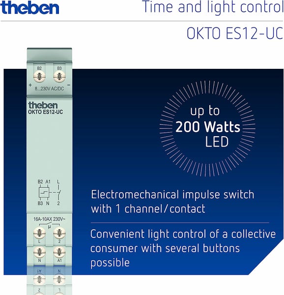 Theben 3120131 OKTO ES12-UC Elektronischer Stromstoßschalter I 1 Schließer I Potenzialfreier Multispannungseingang 8V - 230V I DIN-Schiene I LED BIS 600W
