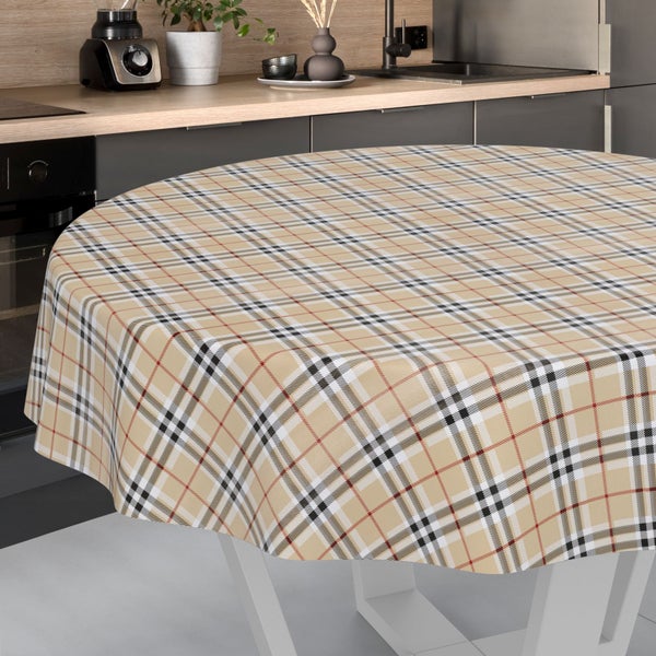 Runde Tischdecke mit Karomuster in Beige, Schwarz und Rot auf einem Küchentisch in einer modernen Umgebung.