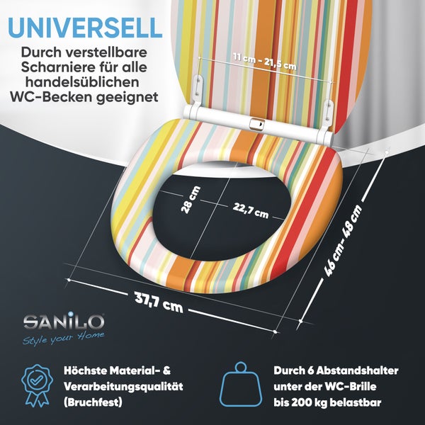 Sanilo WC-Sitz mit Streifenmuster, universell passend, Maße circa 46 bis 48 mal 37,7 Zentimeter, belastbar bis 200 Kilogramm. Sanilo Logo.