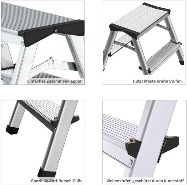 PROREGAL Stufenstehleiter ATLAS Beidseitig Begehbar 2 x 4 Stufen Arbeitshöhe 2,81 m Traglast 125 kg
