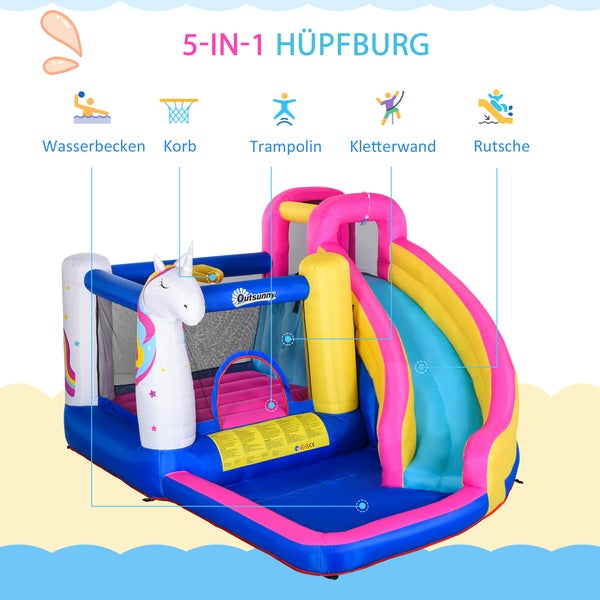 Outsunny Hüpfburg mit Gebläse Rutsche Pool für 4 Kinder aufblasbare Springburg für 3-8 Jahre Outdoor Wasserpark für Kinder Oxford-, Polyester-Gewebe mehrfarbig 360 x 305 x 210 cm