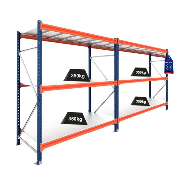 Schwerlastregal aus Metall in Blau und Orange mit drei Ebenen, Tragkraft von 350 Kilogramm pro Boden, hergestellt in der Europäischen Union.