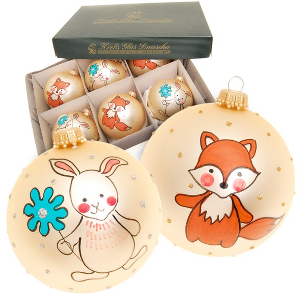 Glaskugelsortiment Fuchs & Hase (Weihnachtswald), Goldbeige Satin, 6-teilig, 8cm, 6 Stck., Weihnachtsbaumkugeln, Christbaumschmuck, Weihnachtsbaumanhänger