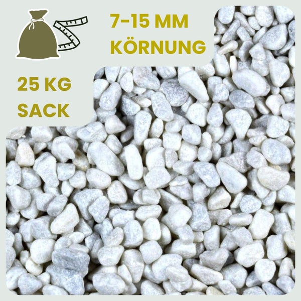 Dekorative weiße Kieselsteine der Körnung 7 bis 15 mm, abgepackt im 25 kg Sack