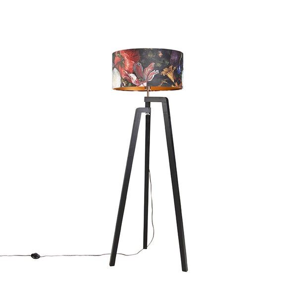 QAZQA - Klassisch I Antik Tripod I Dreifuß Lampe I Dreifuss Stehleuchte I Stehlampe I Standleuchte I Lampe I Leuchte schwarz mit Schirm Blumenmuster 50 cm - Puros I Wohnzimmer I Schlafzimmer - Holz Zy