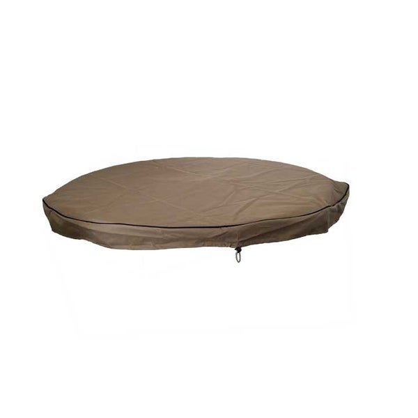 Runde beige Abdeckhaube für Whirlpools aus wetterfestem Textilgewebe mit praktischem Kordelzug zur Befestigung.