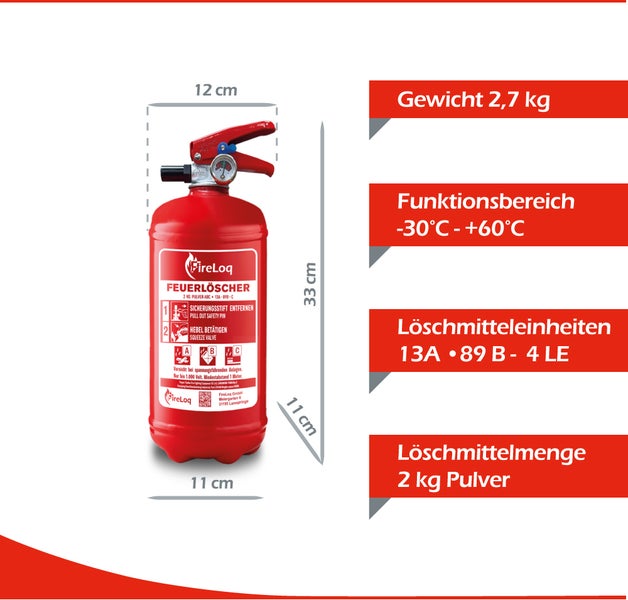FireLoq Pulverfeuerlöscher 2 Kilogramm mit technischen Daten zu Maßen, Gewicht, Funktionsbereich und Löschmitteleinheiten.