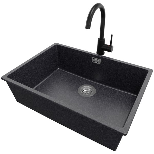 PRIMAGRAN Granitspüle Anthrazit 66x47cm, Spülbecken 1 Becken + Küchenarmatur 32x20cm + Ablauf-Set, Küchenspüle ab 70er Unterschrank - London Slim