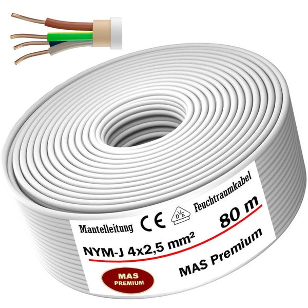 Mantelleitung NYM-J 4x2,5 mm², 80 Meter Feuchtraumkabel von MAS Premium mit Detailansicht der Kupferadern.