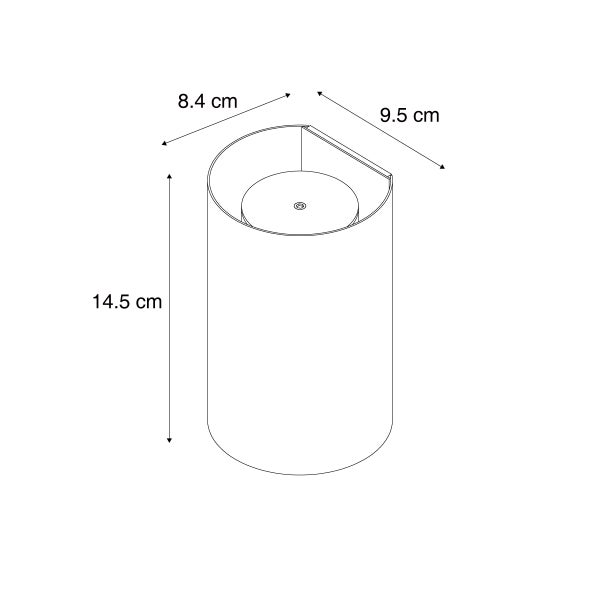 Technische Zeichnung einer zylindrischen Wandleuchte mit den Maßen 8,4 mal 9,5 mal 14,5 Zentimeter.