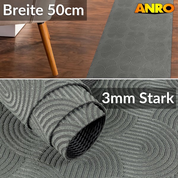 Grauer Läufer mit Wellenmuster, ANRO Logo. Breite 50 Zentimeter, Stärke 3 Millimeter. Strukturansicht und rutschhemmende Unterseite.