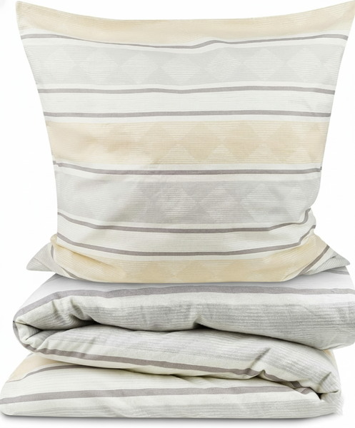 Bettwäsche-Set mit Streifen und Rautenmuster in Grau und Beige, bestehend aus einem Kopfkissenbezug und einem Bettbezug.