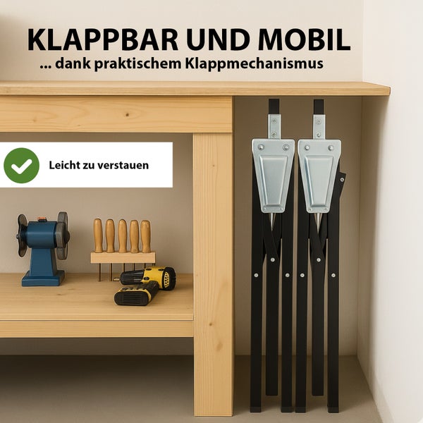 Zwei höhenverstellbare Trutzholm Arbeitsböcke aus Metall, einer auf minimaler und einer auf maximaler Höhe eingestellt.