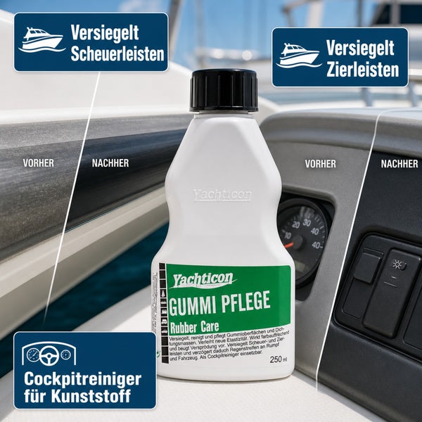 Yachticon Gummipflege Pflegemittel für Gummioberflächen und Kunststoff, 250 Milliliter Flasche mit Vorher und Nachher Anwendungsszenarien.