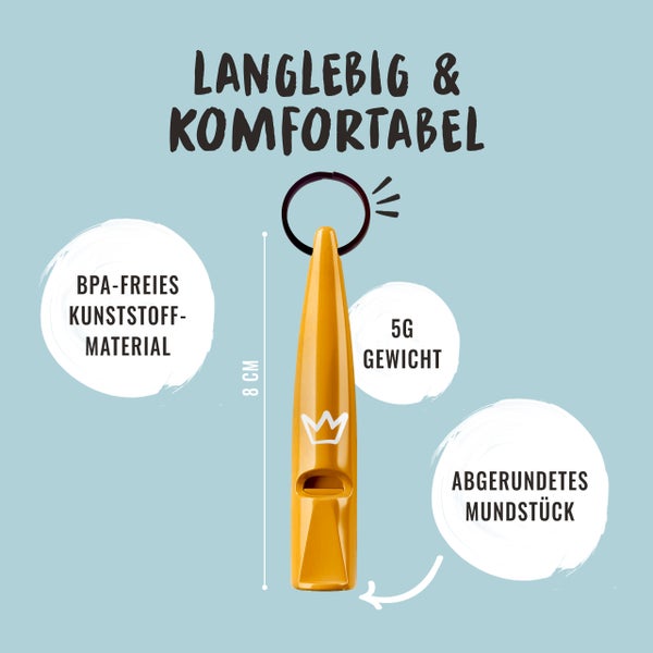 Gelbe Trillerpfeife aus Kunststoff mit Schlüsselring und Krone, 8 cm lang und 5 g leicht.