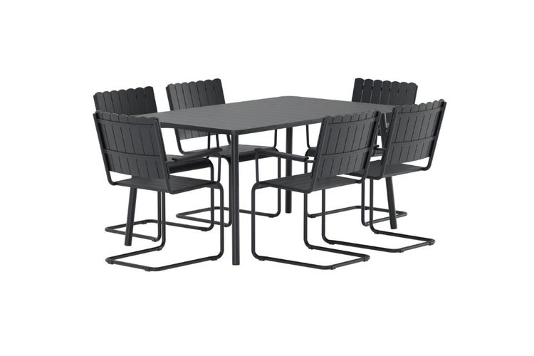 Gartenmöbel-Set bestehend aus einem rechteckigen Tisch und sechs Freischwinger-Stühlen aus anthrazitfarbenem Metall mit Lattenstruktur.
