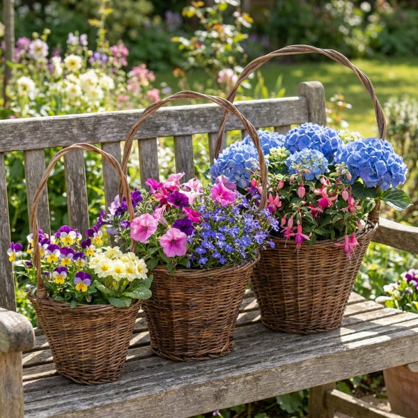 Drei bepflanzte Weidenkörbe mit Blumen in verschiedenen Größen auf einer hölzernen Gartenbank im Freien.