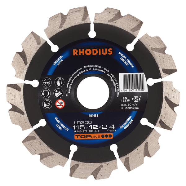 RHODIUS Diamanttrennscheibe LD300, 1 Stück, 115 x 12,0 x 2,4 x 22,23 mm für Beton, TOPline