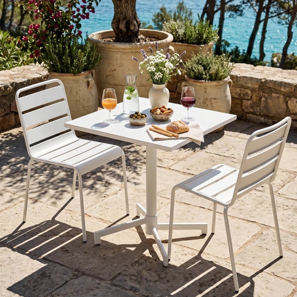 Moderne weiße Metall-Bistrogruppe mit quadratischem Tisch und zwei Lattenstühlen auf einer sonnigen Steinterrasse mit Meerblick.