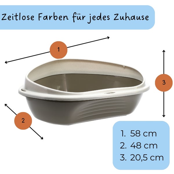 Katzenklo mit den Maßen 58 cm Länge, 48 cm Breite und 20,5 cm Höhe.