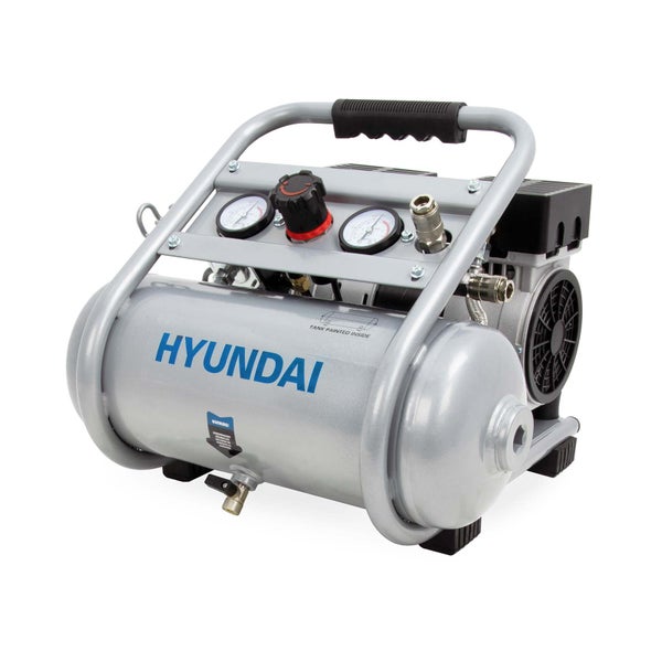 Hyundai tragbarer Luftkompressor mit zwei Manometern, Reglerknopf und Tragegriff.