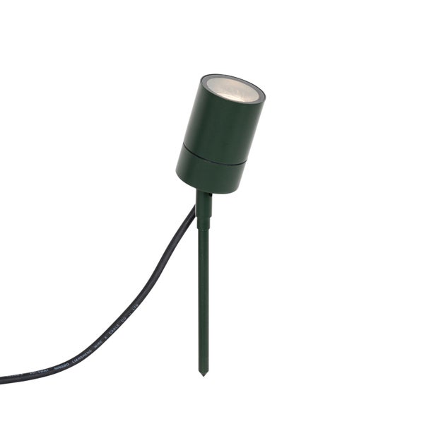 Dunkelgrüner Gartenstrahler mit Erdspieß und Anschlusskabel, zylindrischer LED-Außenstrahler zur Bodenmontage.