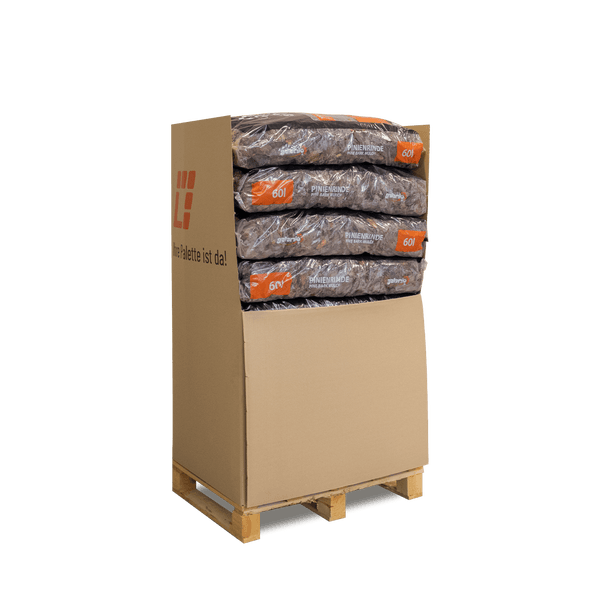 Galamio Pinienrinde 60 Liter Säcke auf Palette im Kartondisplay.