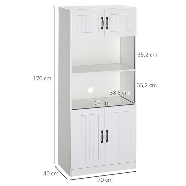 HOMCOM Küchenschrank Küchenbuffet Hochschrank mit 2 Regalen und 2 Schränken Esszimmerschrank mit verstellbaren Regalböden Mikrowellenregal Anti-Kipp-Gurt Landhausstil Weiß