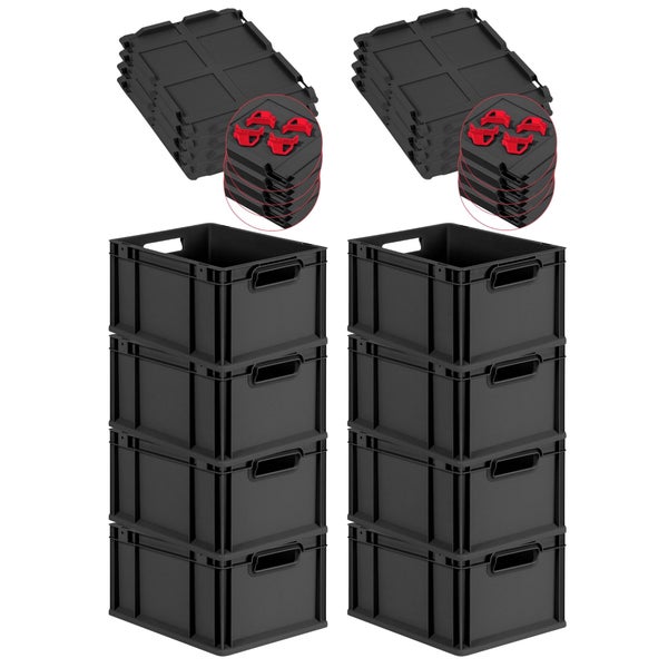 PROREGAL SuperSparSet 8x Eurobox NextGen Grip mit Scharnierdeckel und roten Schiebeschnappverschlüssen, HxBxT 22x30x40cm, 20 Liter, Schwarz, Griffe offen, Eurobehälter, Transportbox, Transportbehälter, Stapelbehälter
