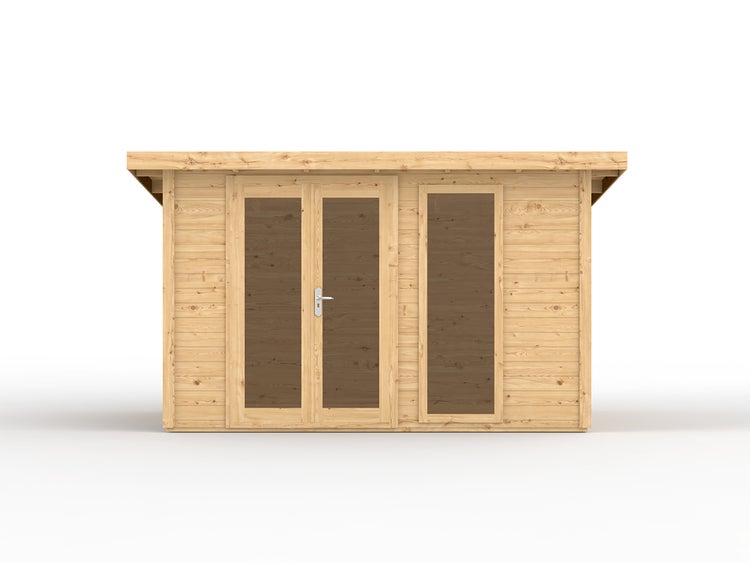 Gartenhaus aus Holz mit Flachdach, Doppeltür mit Glaseinsätzen und einem bodentiefen Fenster.