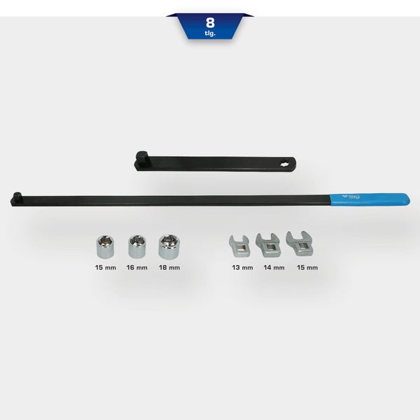 Achtteiliges Werkzeugset mit Steckschlüsseln und Maulschlüsseln