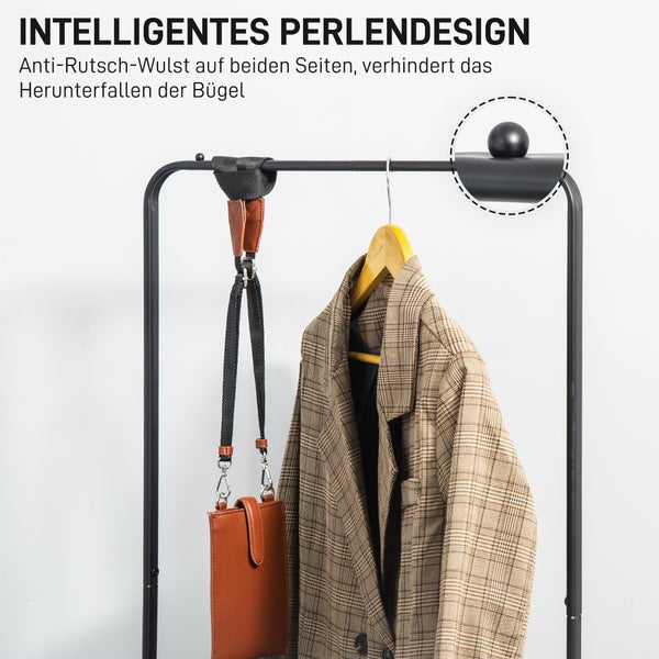 Kleiderständer aus Metall mit Anti-Rutsch-Perlen an der Kleiderstange, behängt mit einer Jacke und einer kleinen Tasche.