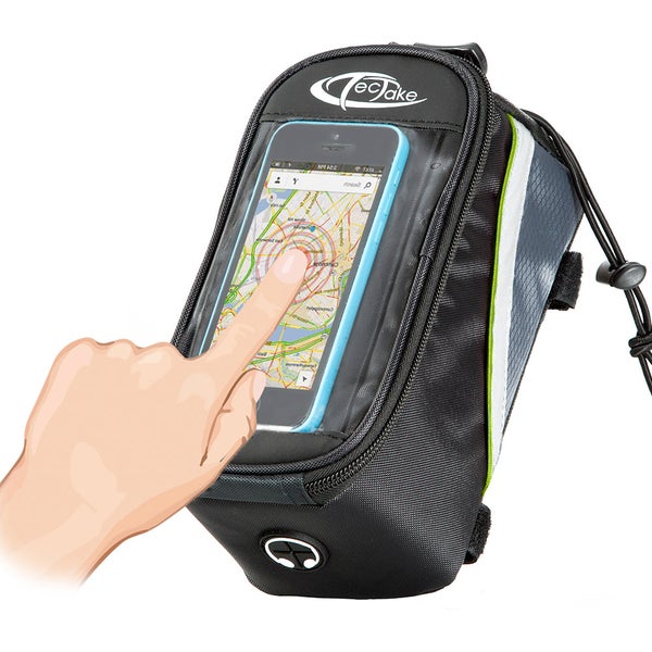 Fahrradrahmentasche mit Smartphone in der Klarsichthülle und Finger, der den Touchscreen bedient