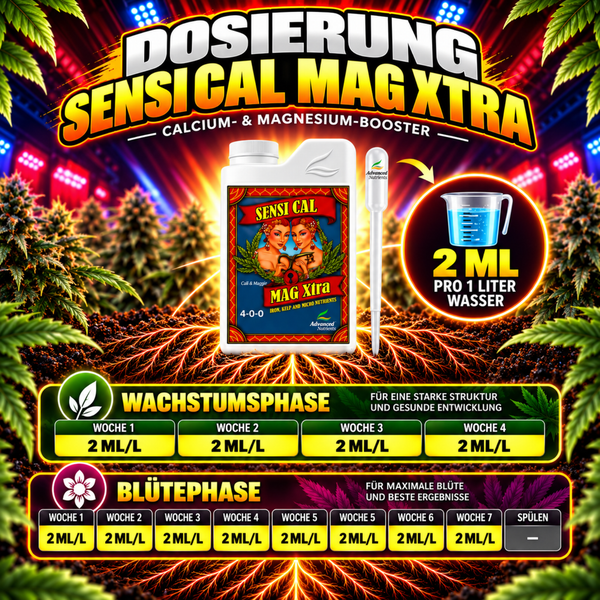 Dosierungstabelle für Advanced Nutrients Sensi Cal Mag Xtra Calcium und Magnesium Booster mit Anwendungshinweisen für Wachstums und Blütephase.