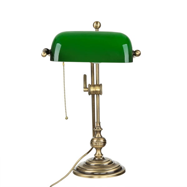 Tischleuchte mit grünem Lampenschirm und Metallfuß