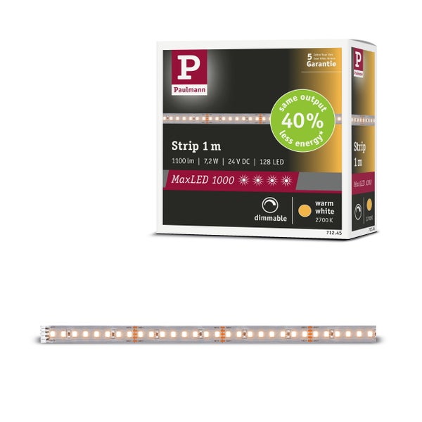 Paulmann Logo. Verpackung eines dimmbaren MaxLED 1000 LED-Strips mit 1 Meter Länge, 1100 Lumen, 7,2 Watt, 24 Volt DC und 128 LEDs. Fünf Jahre Garantie.