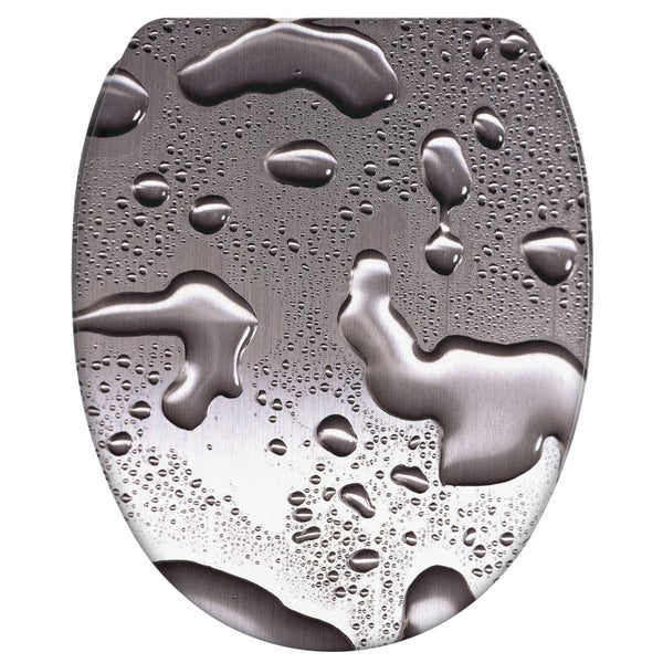 WC-Sitz mit Dekor in gebürsteter Metalloptik und Wassertropfen.