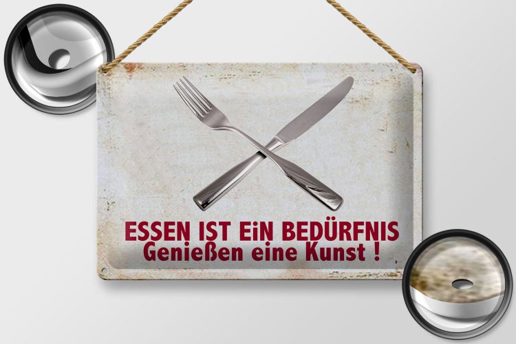 Blechschild Spruch 30x20cm Essen ist ein Bedürfnis Kunst