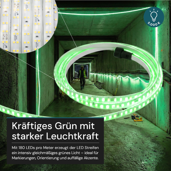 Grüner LED-Streifen mit 180 LEDs pro Meter in einem Betontunnel zur Orientierung und Markierung. Nahaufnahme zeigt Details der LED-Struktur.