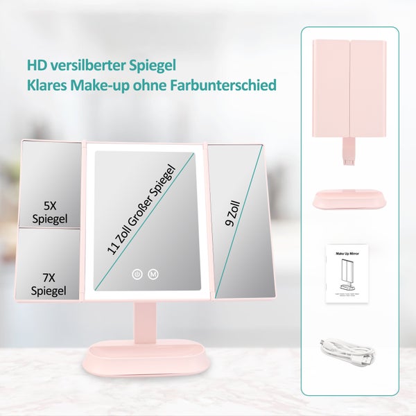 EMKE Kosmetikspiegel mit LED Beleuchtung 315 x 180 x 233 mm, Dimmbar, Touch-Schalter, 5x/7x Vergrößerung, Dreifach Faltbar & Drehbar, Tragbarer, USB/Batterie, Rosa