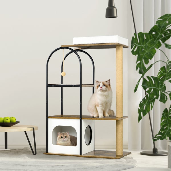 PawHut Kratzbaum 118,5 cm Katzenkratzbaum mit Kratzmatte, Katzenhöhle, Katzenbaum mit Bett, Kippschutz, Spielball, für Katzen bis 5 kg, Rustikal-Braun