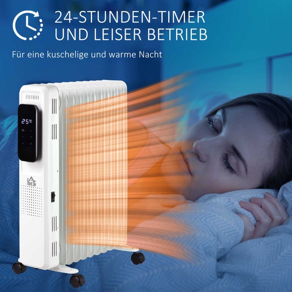 HOMCOM Ölradiator tragbar elektrisch Heizkörper 2500W 3 Heizstufen 24-Stunden-Timing elektrische Heizung 11 Heizplatten mit 4 Rollen Weiß Stahl 50,5 x 24 x 63 cm