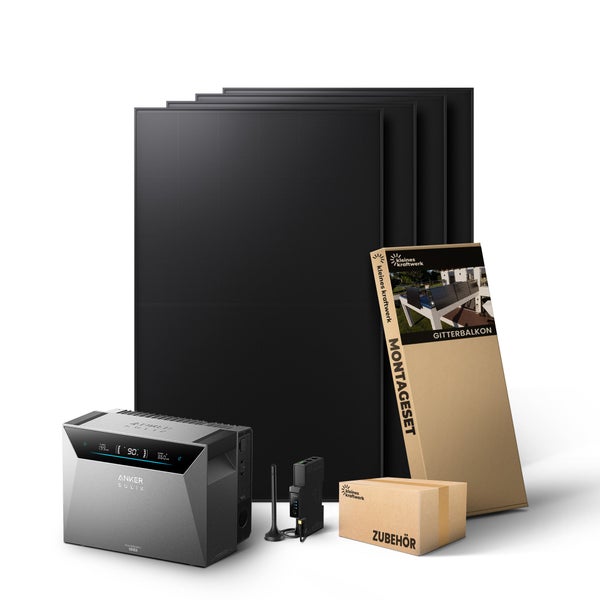 Balkonkraftwerk Komplettset mit Solarmodulen, Anker Solix Solarbank, Montageset für Gitterbalkon und Zubehörbox.