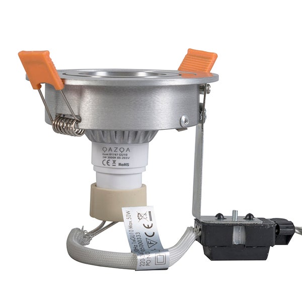 Einbaustrahler aus Metall mit GU10 LED Leuchtmittel und Klemmfedern zur Deckenmontage.