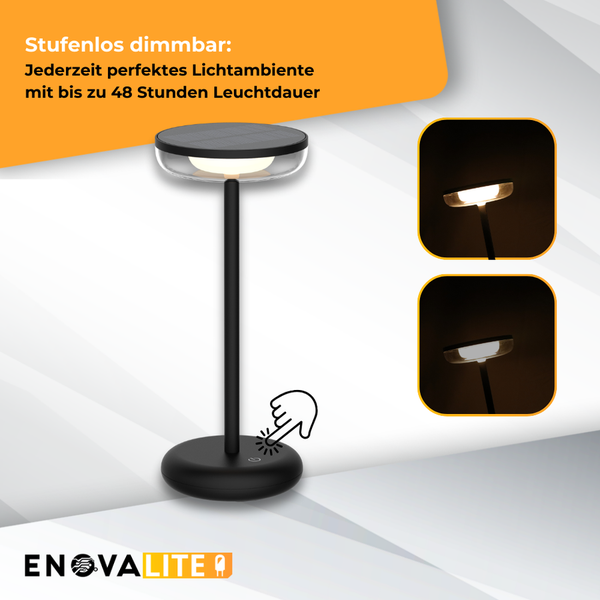 Akkubetriebene LED Tischleuchte mit Dimmfunktion und EnovaLite Logo.