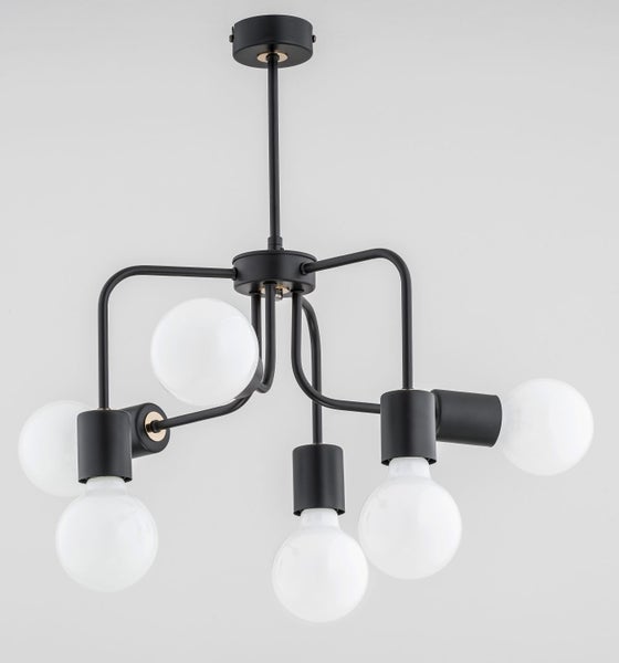 Moderne Deckenleuchte mit fünf Lichtquellen und kuppelförmigen Glaselementen an einem Gestell.