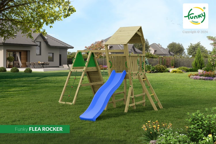 Hölzerner Spielturm Funky FLEA ROCKER mit blauer Rutsche, Kletterwand und Leiter im Garten. Funky COMBO Logo.
